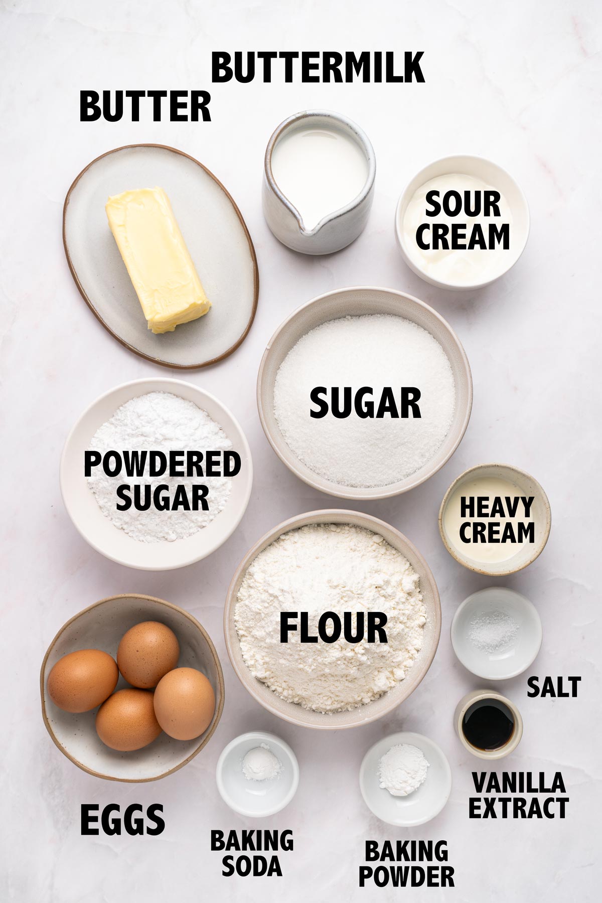 overhead view of ingredients used to make a vanilla sheet cake.