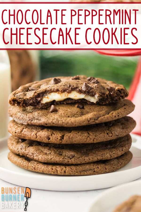 Chocolate Peppermint Cheesecake Cookies turn every bite into a surprise, with brownie-like edges, melty chocolate chips, and a smooth peppermint cheesecake core.