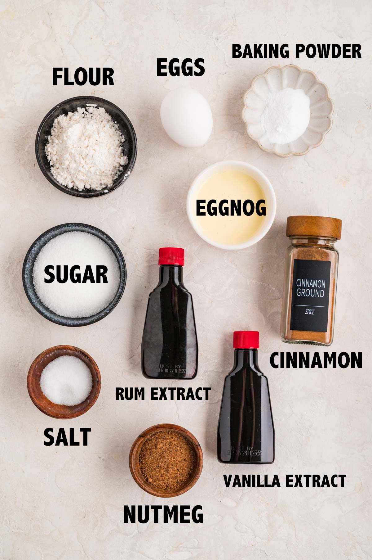 overhead view of ingredients used to make an eggnog quick bread.