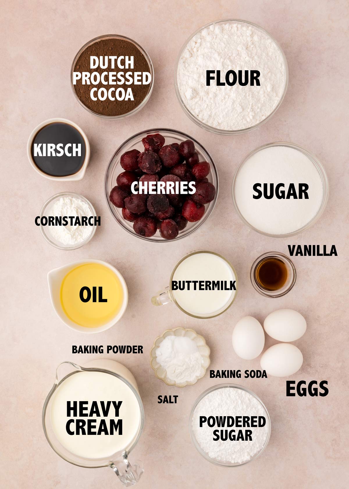 overhead view of ingredients used to make black forest cake.