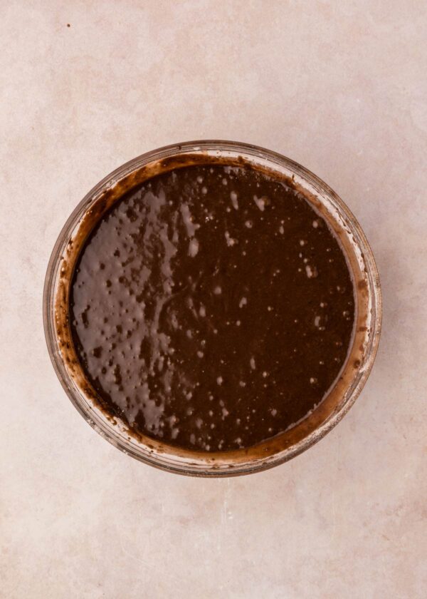 chocolate cake batter in a mixing bowl.