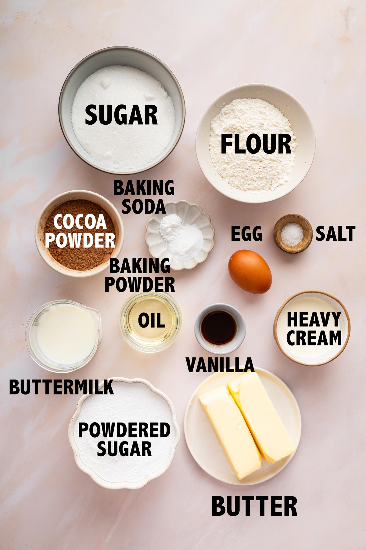 overhead view of ingredients used to make chocolate cupcakes.