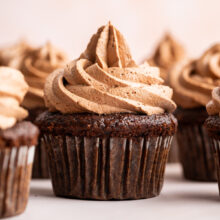 rich chocolate cupcake topped with a tall swirl of chocolate buttercream.