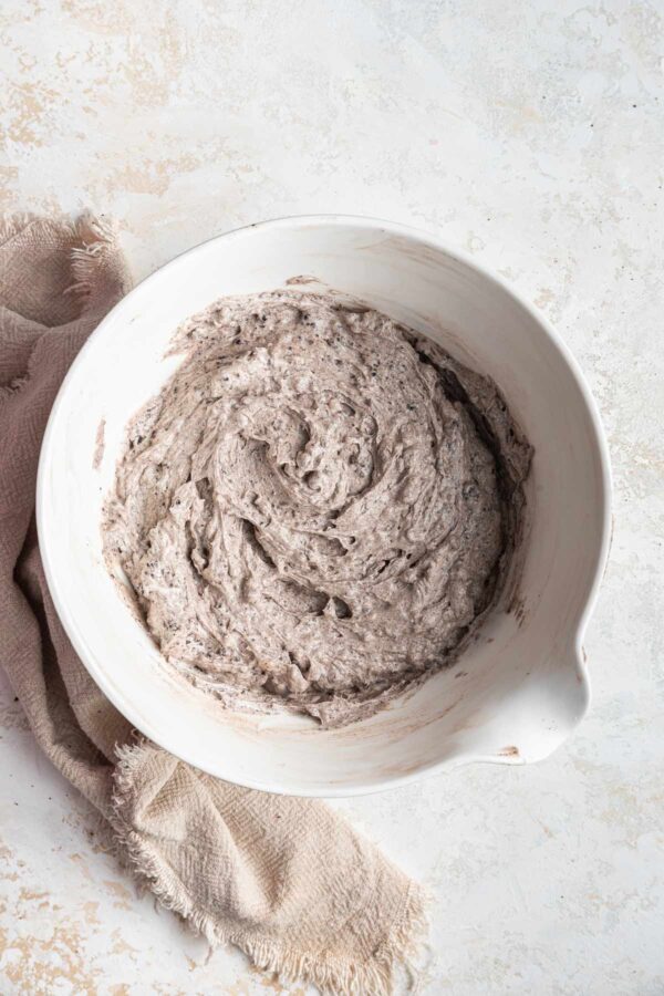 oreo buttercream frosting in a mixing bowl.