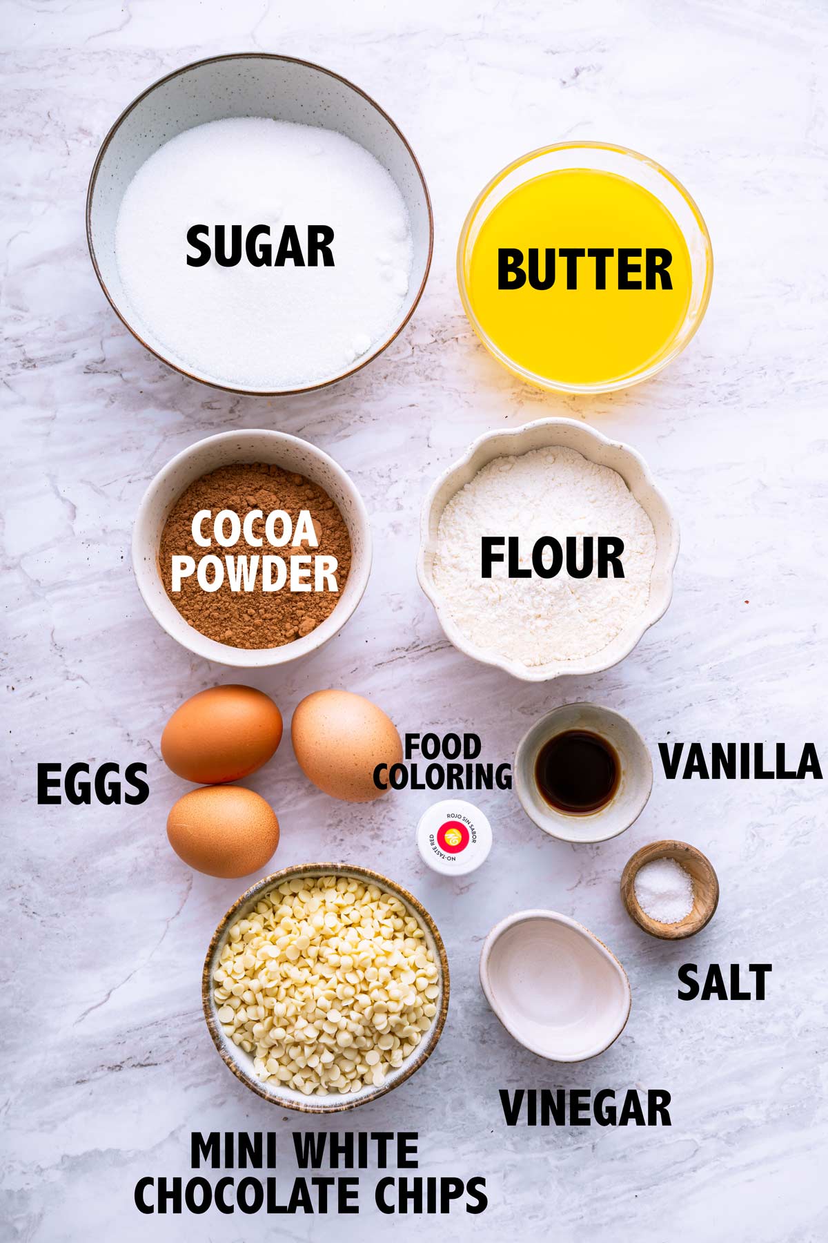 overhead view of ingredients used to make red velvet brownies.
