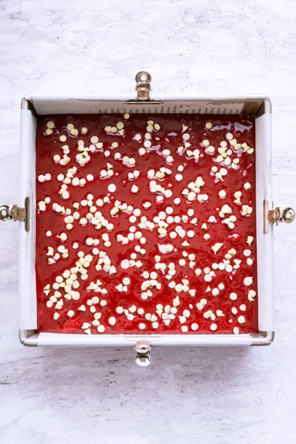 red velvet brownies in a pan before baking.