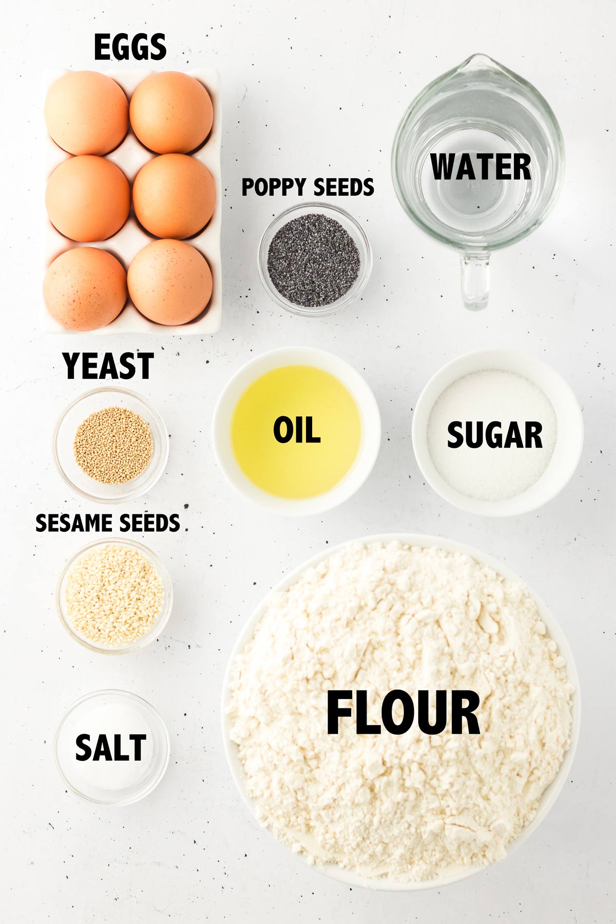 overhead view of ingredients used to make a traditional challah.