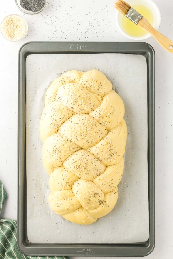 braided challah after second rise.