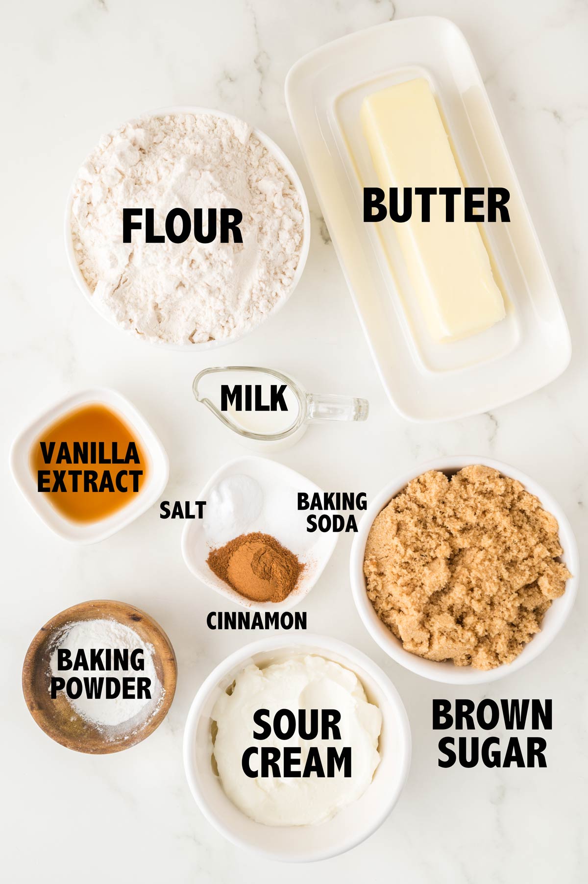 overhead view of ingredients used to make coffee cake muffins.