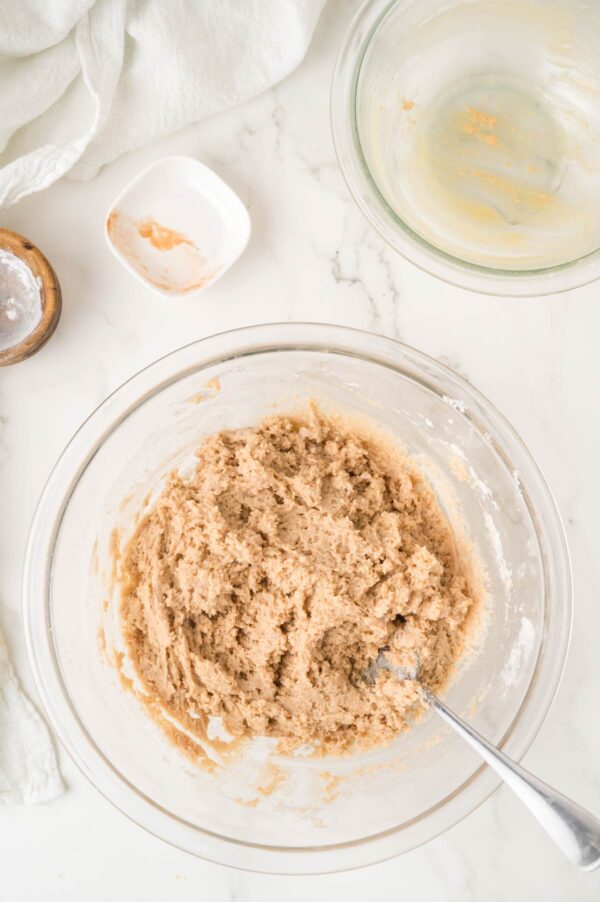 thick muffin batter in a mixing bowl.