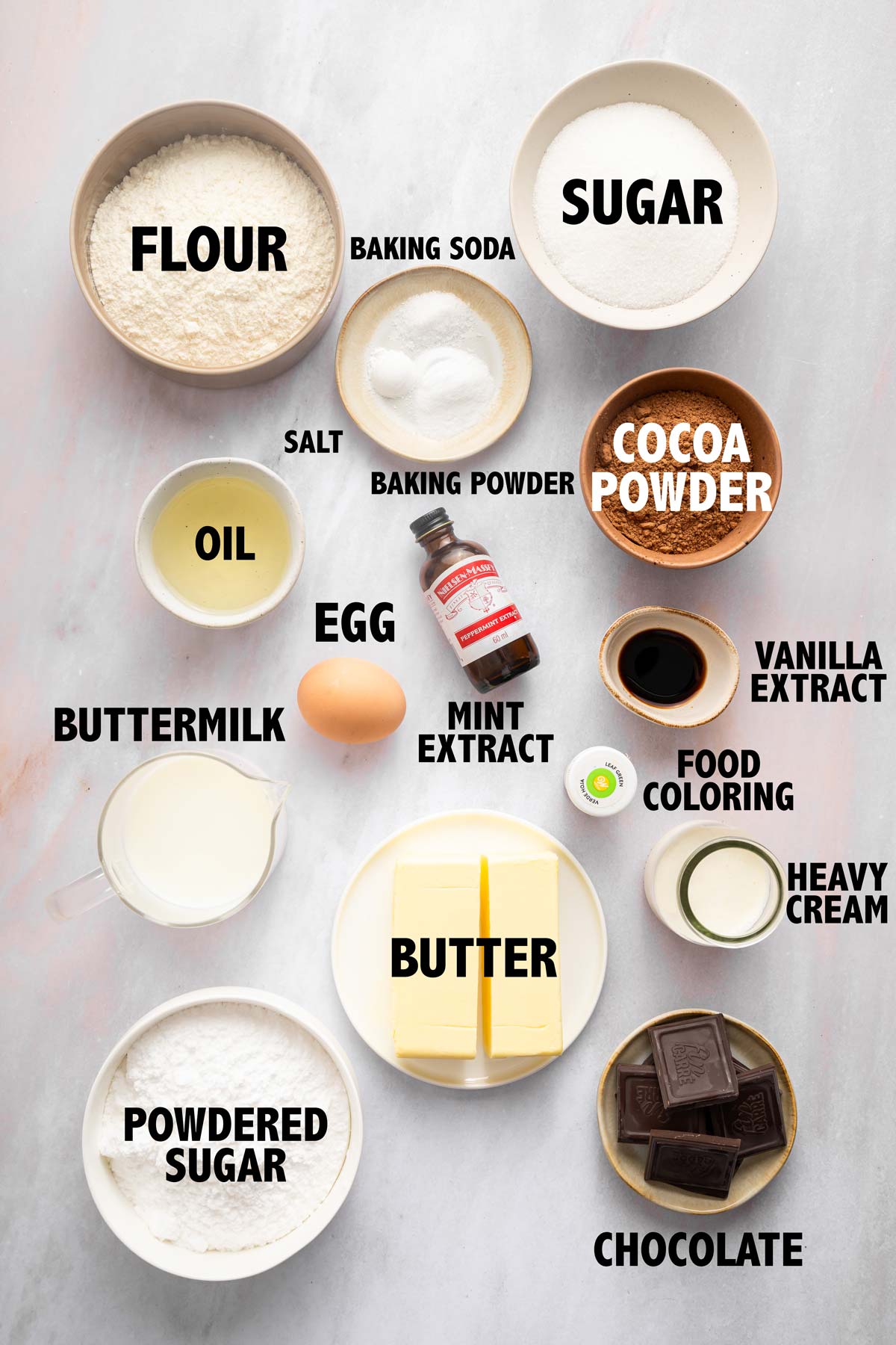 overhead view of ingredients used to make mint chocolate chip cupcakes.