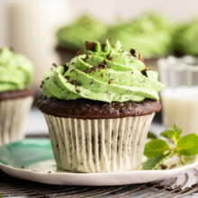 chocolate cupcake topped with mint chip buttercream frosting.