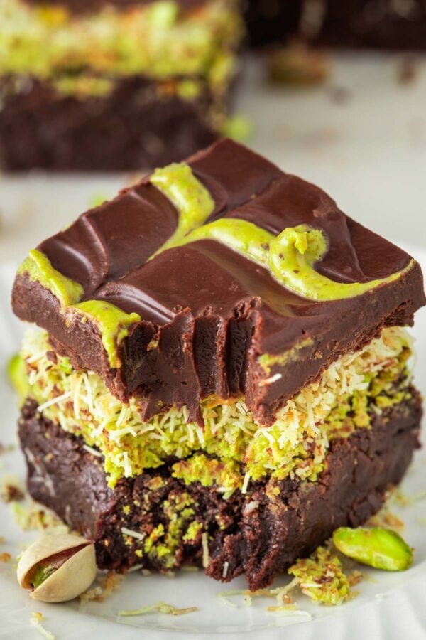 dubai brownie with one forkful removed.