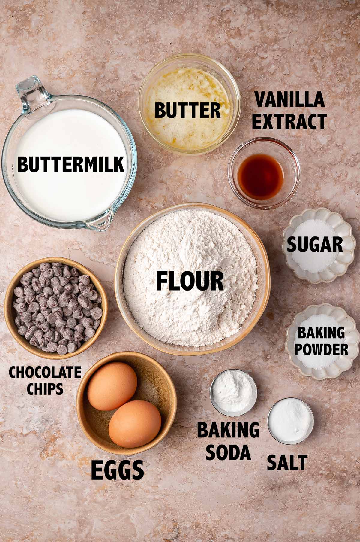 overhead view of ingredients used to make chocolate chip pancakes.