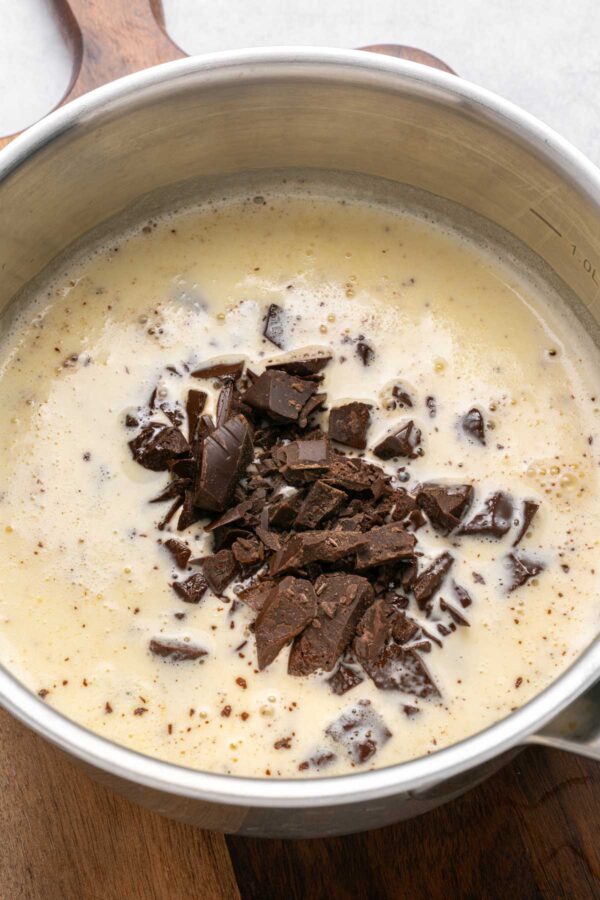 chopped chocolate and heavy cream in a saucepan.