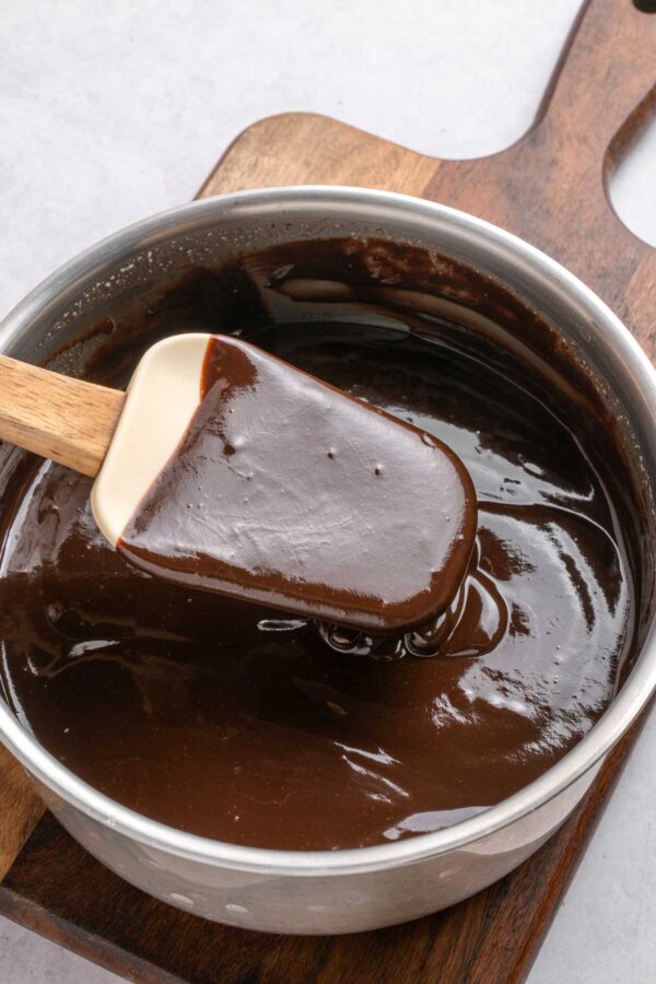thick chocolate ganache in a saucepan.