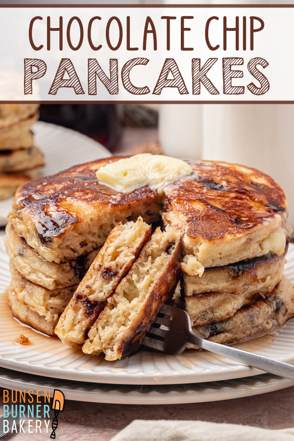 Weekend breakfast just got better with these thick and fluffy Chocolate Chip Pancakes. They’re soft in the middle, lightly crisp around the edges, and filled with melty semi-sweet chocolate chips.