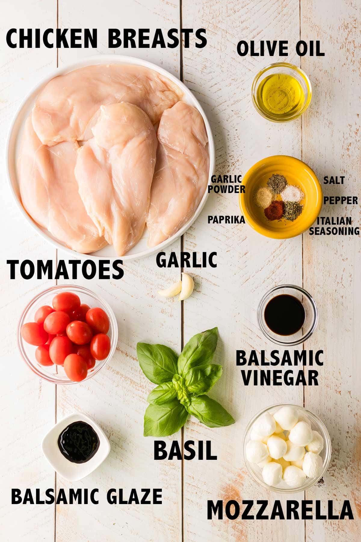 overhead view of ingredients used to make one pan caprese chicken.
