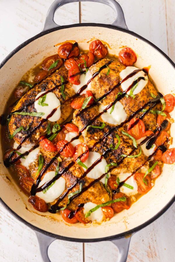 melted mozzarella and balsamic glaze over seared chicken breasts.