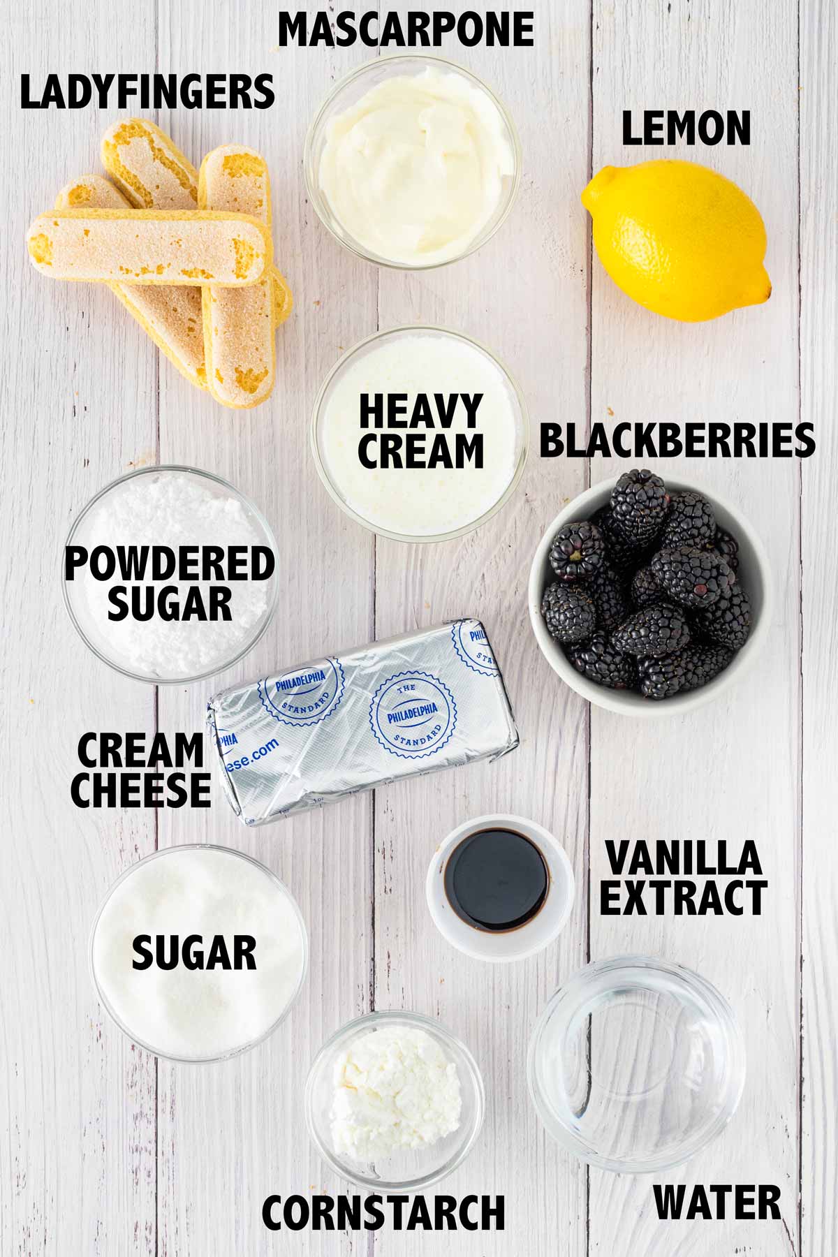 overhead view of ingredients used to make blackberry tiramisu.