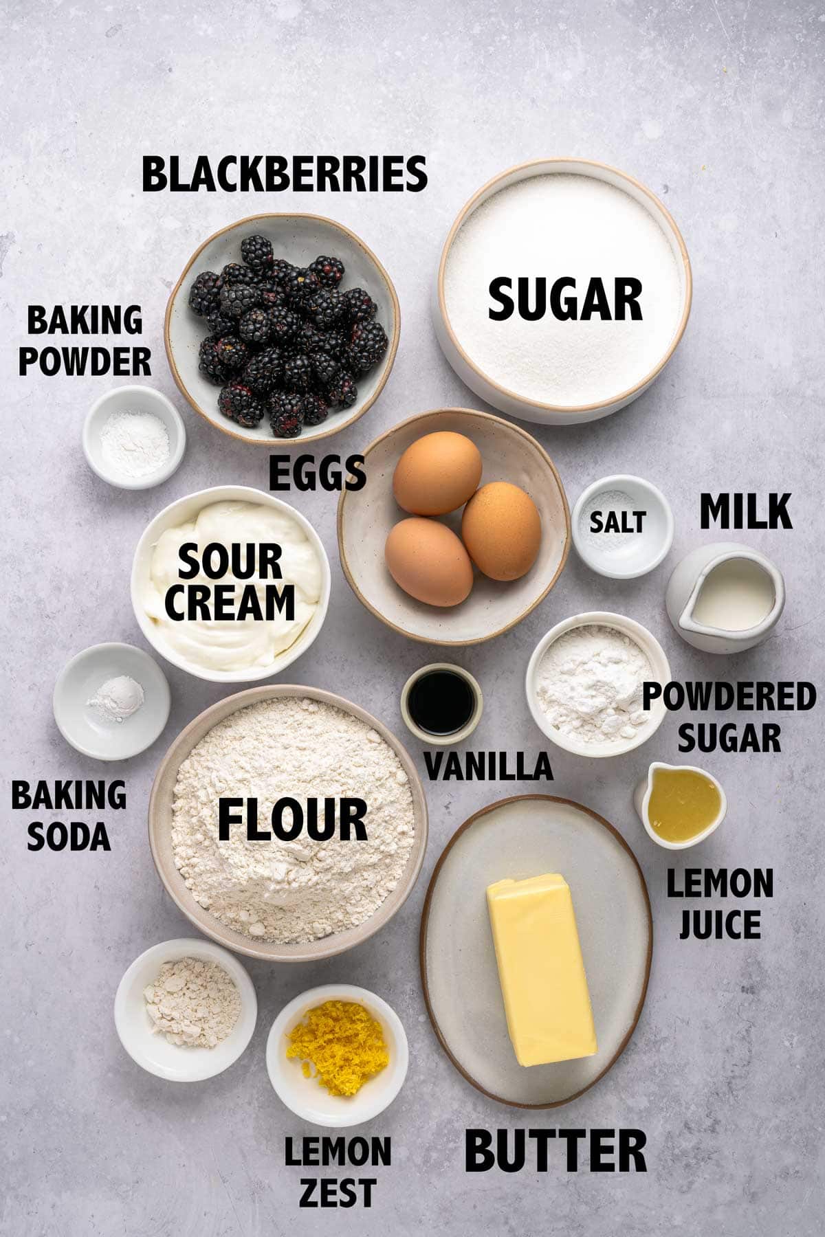 overhead view of ingredient used to make a lemon blackberry bundt cake.
