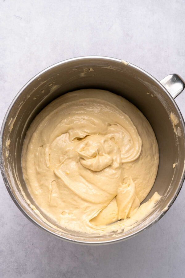 lemon cake batter in a mixing bowl.