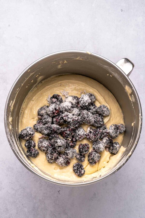 adding flour-coated blackberries to cake batter.