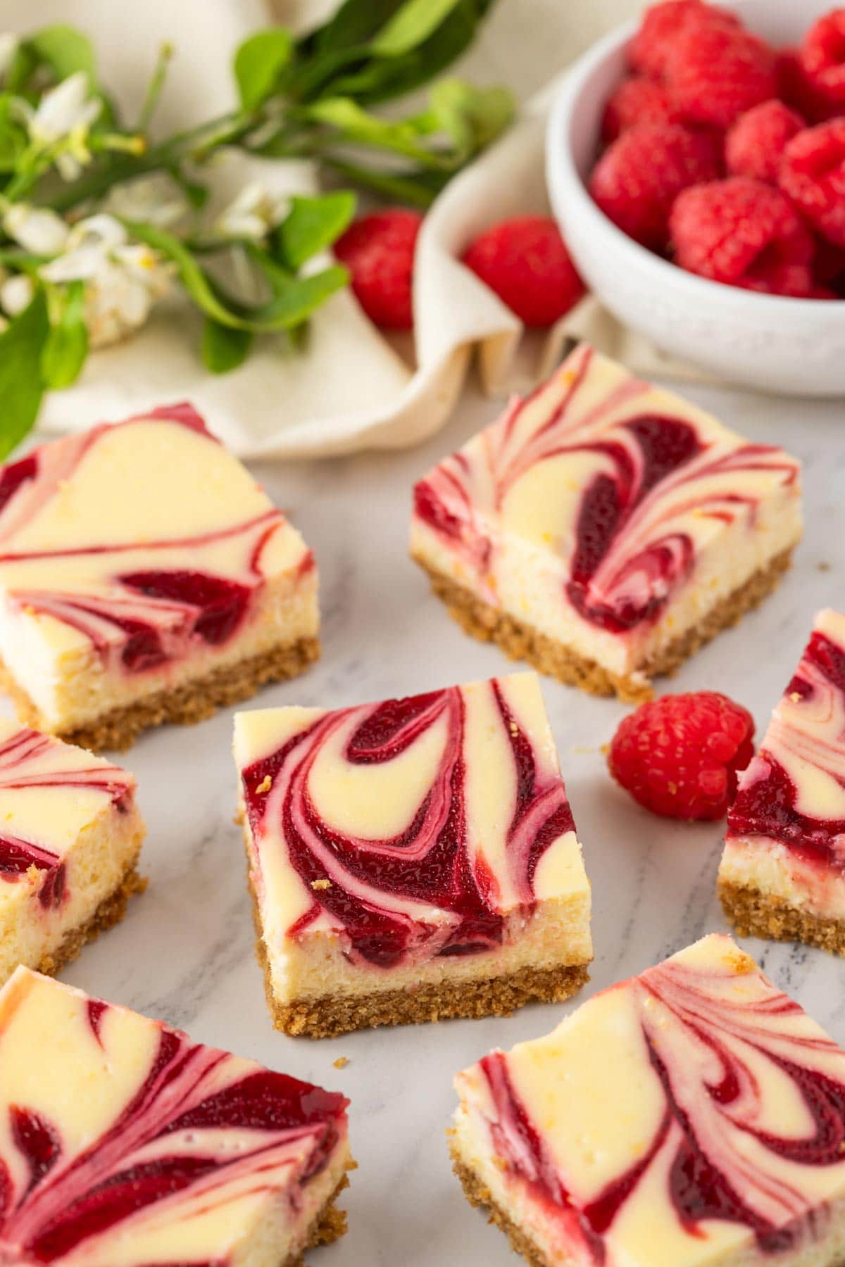 creamy cheesecake bars with vibrant red raspberry swirls.