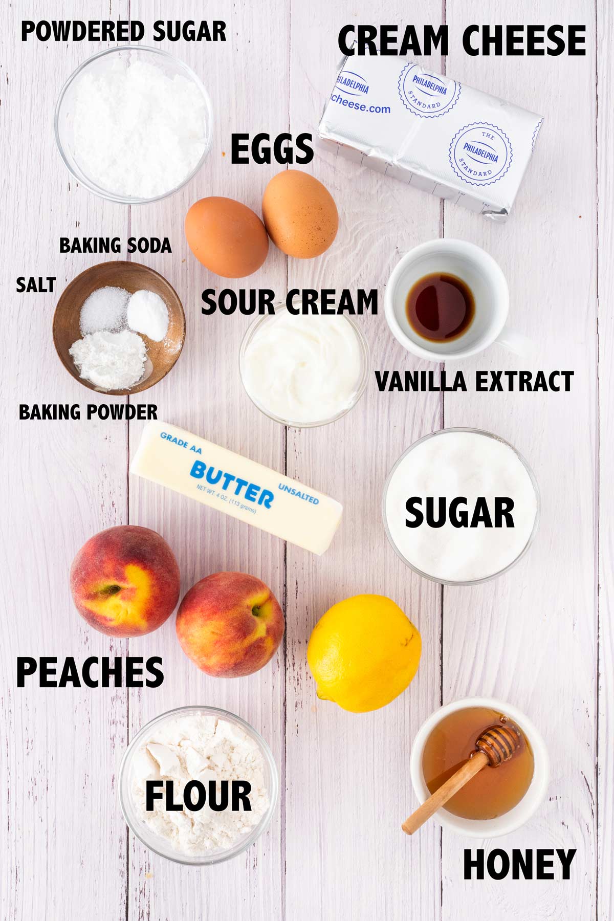 overhead view of ingredients used to make peach cupcakes.