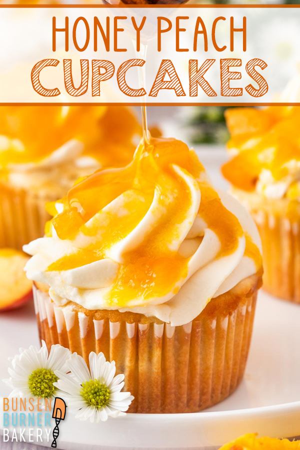 These Honey Peach Cupcakes are packed with fresh peaches and honey, with a honey cream cheese swirl baked into the top of each cupcake. Finish them with honey cream cheese frosting and a peach glaze for a summer cupcake that tastes like peaches from top to bottom.