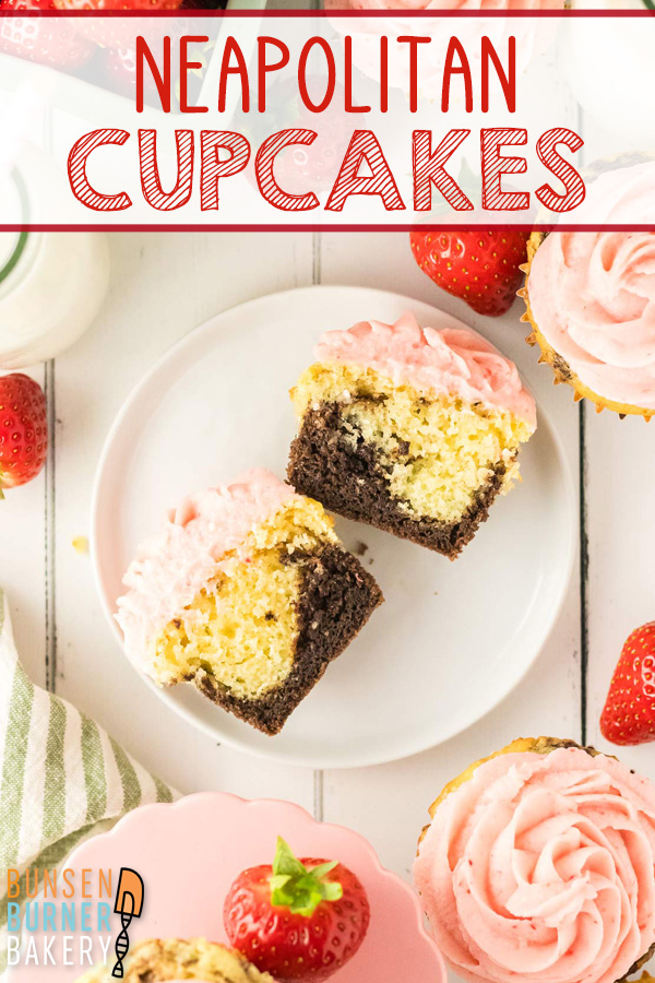 These Neapolitan Cupcakes combine rich chocolate cake, classic vanilla cake, and fresh strawberry buttercream into one delicious cupcake. Why choose flavors when you can have all three in one?!