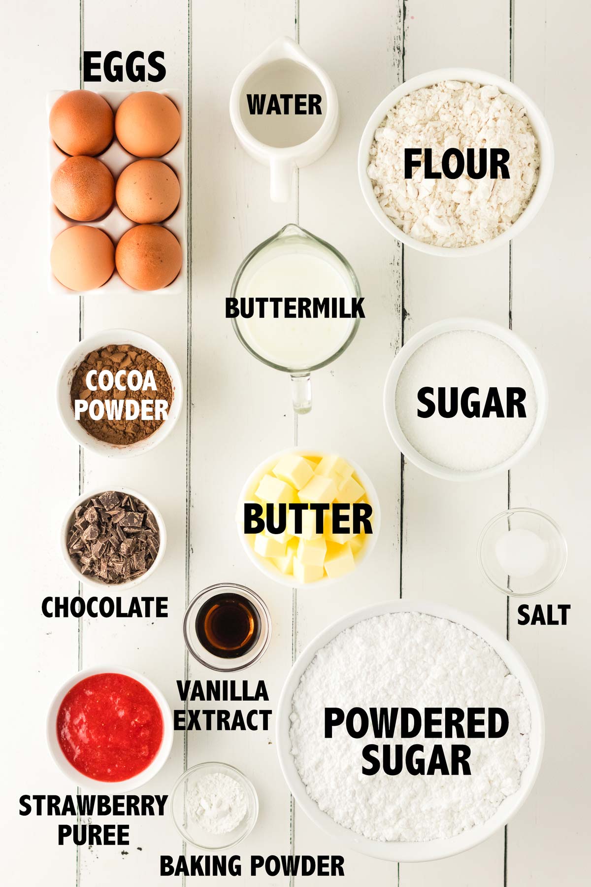 overhead view of ingredients used to make neapolitan cupcakes.