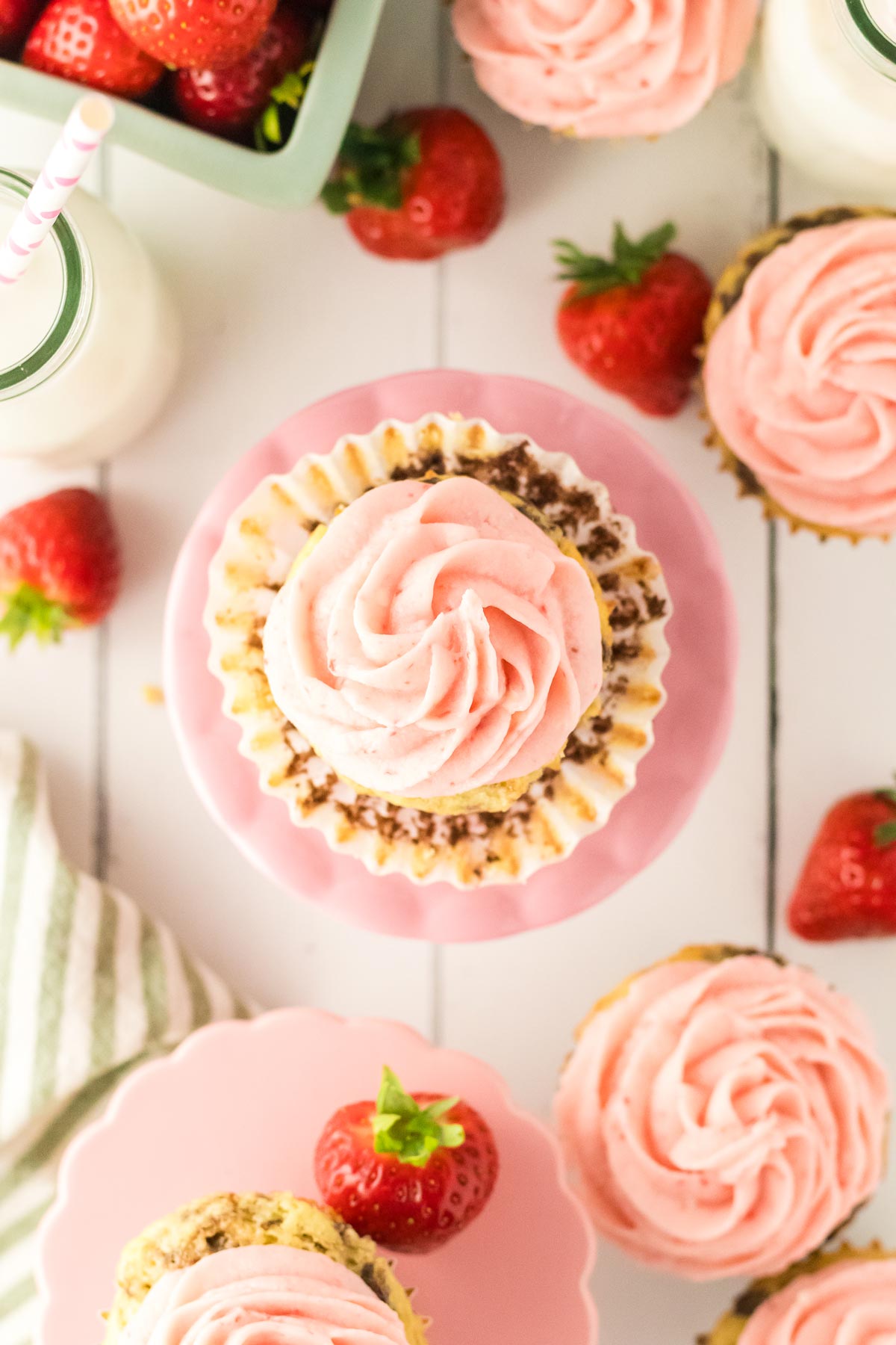 neapolitan cupcake with the wrapper peeled back.