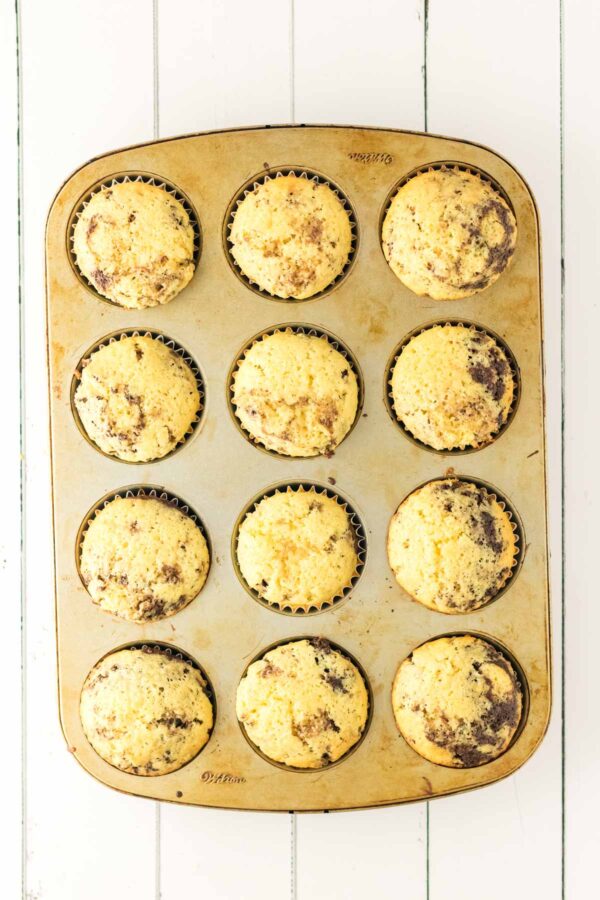 freshly baked layered chocolate and vanilla cupcakes.