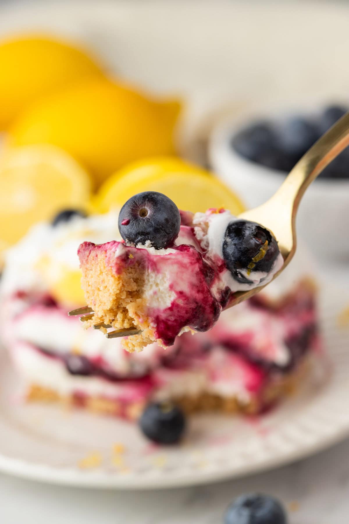 forkful of lemon blueberry icebox cake.