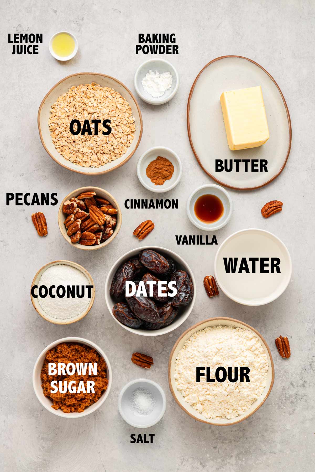 overhead view of ingredients used to make homemade date bars.