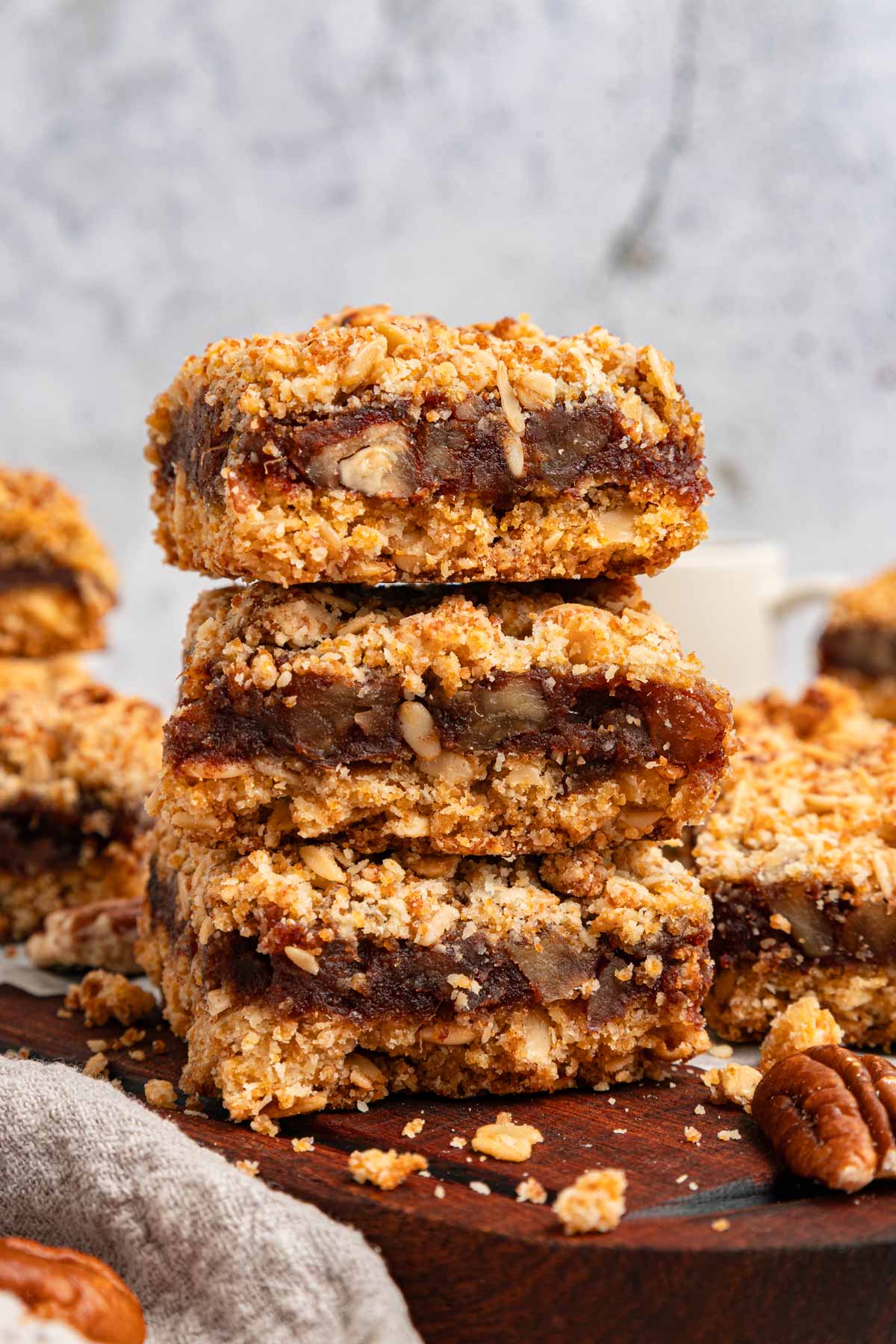 three date bars stacked vertically showing the thick filling.