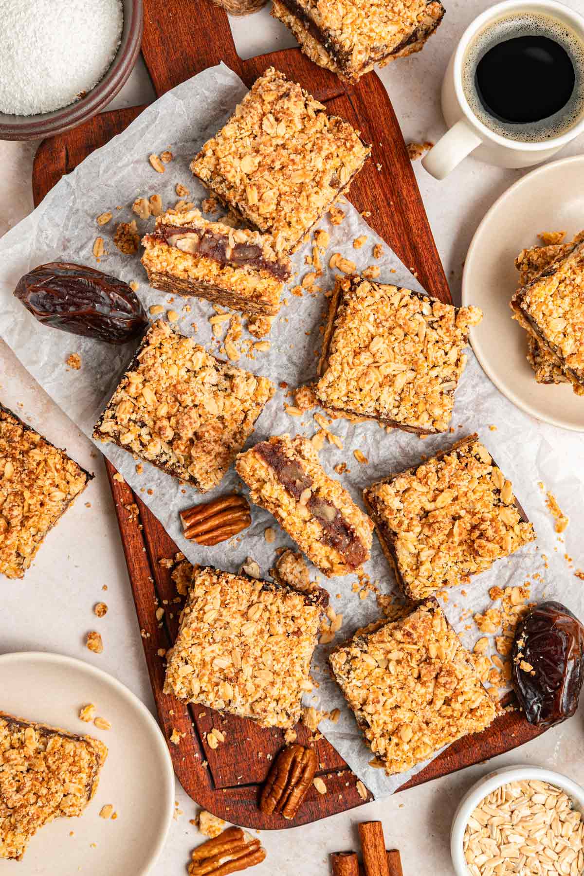 homemade date bars next to dates and pecans.