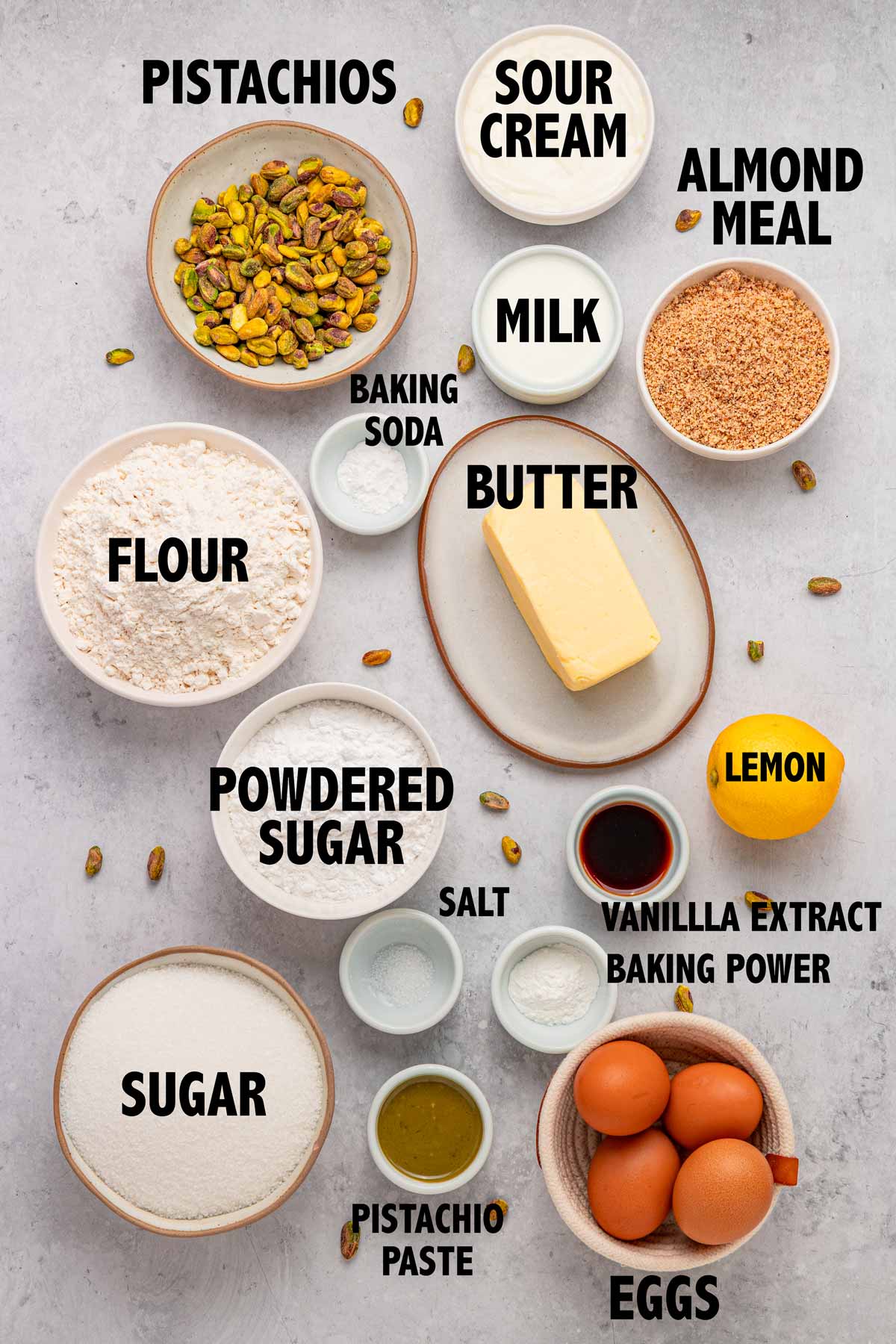 overhead photo of the ingredient used to make a pistachio bundt cake.