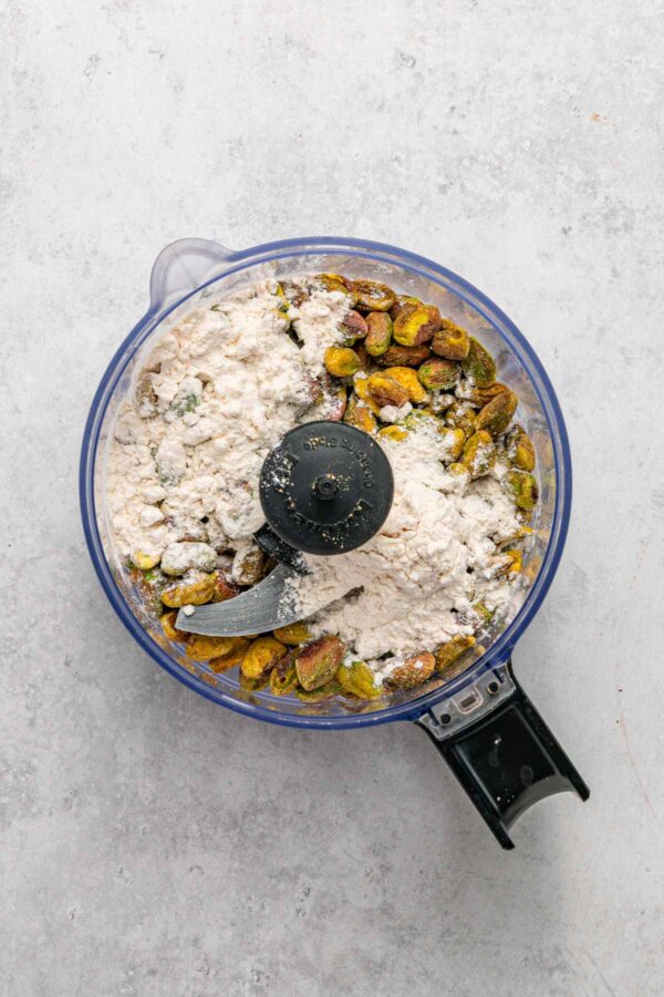 pistachios and flour in a food processor.