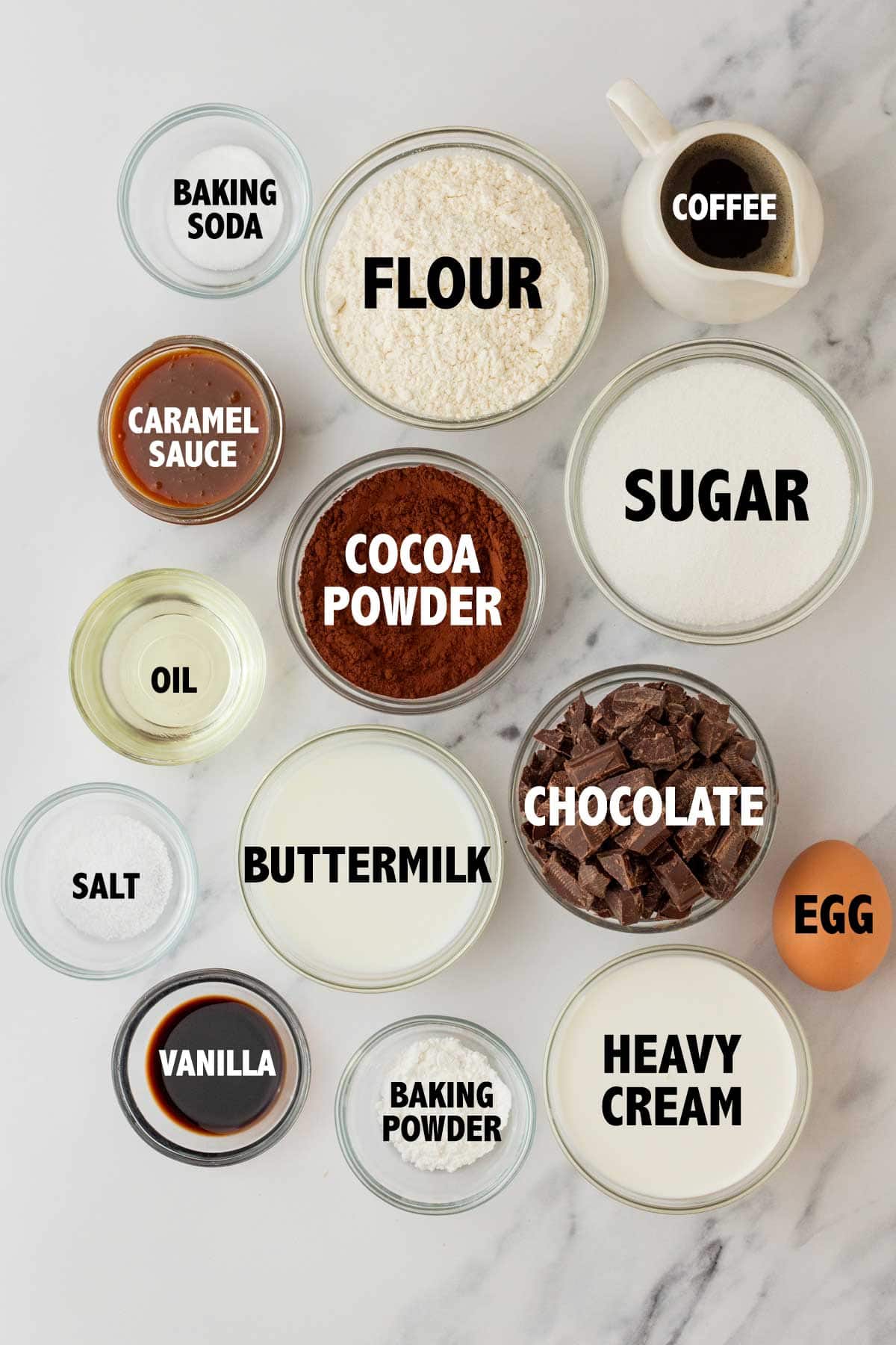 overhead view of the ingredient used to make chocolate caramel cupcakes.