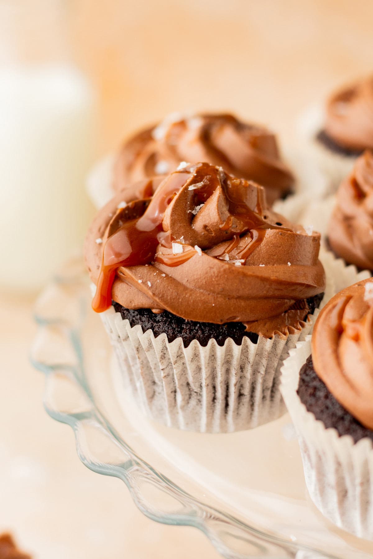 chocolate cupcake frosted with whipped ganache and a drizzle of homemade caramel sauce.