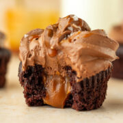 chocolate cupcake filled with salted caramel and topped with whipped ganache frosting.