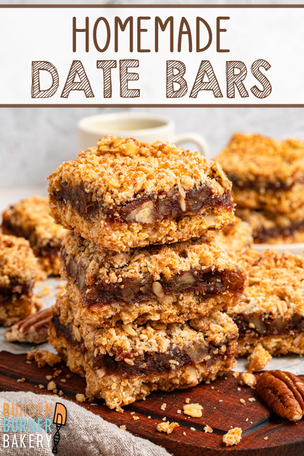 Homemade Date Bars have a thick, jammy date filling layered between buttery oat crumble. Chewy in the middle, crisp on top, and even better the next day!