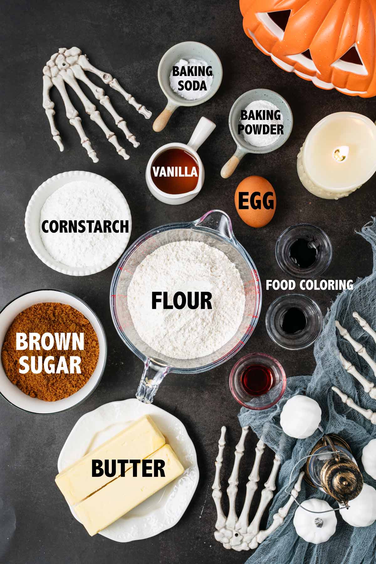 overhead view of ingredients used to make monster halloween cookies.