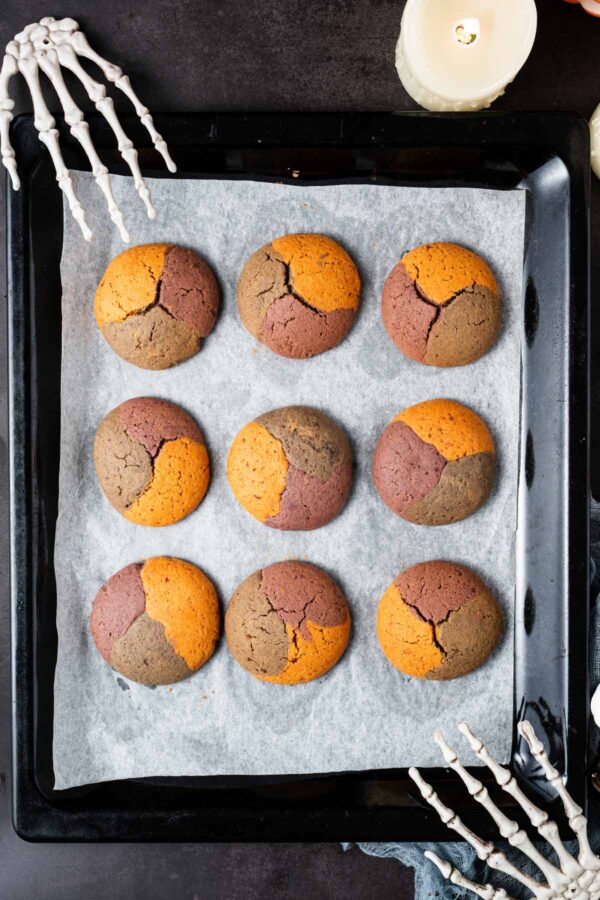 purple, black, and orange cookies for halloween.