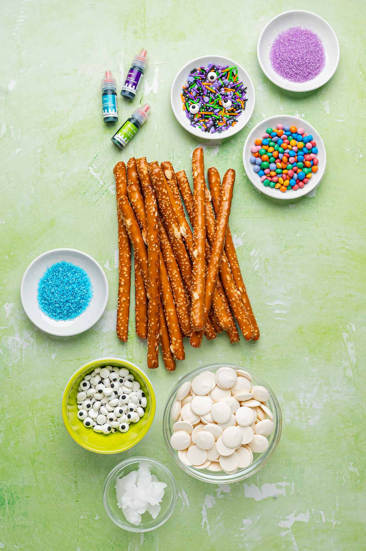 overhead view of ingredients used to make monster pretzel rods.