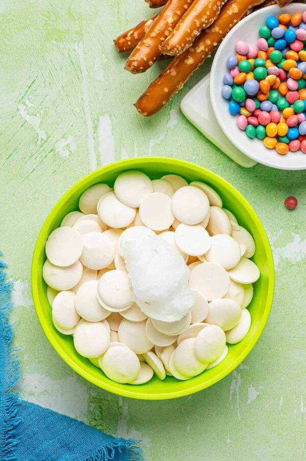 white candy melts in a mixing bowl.
