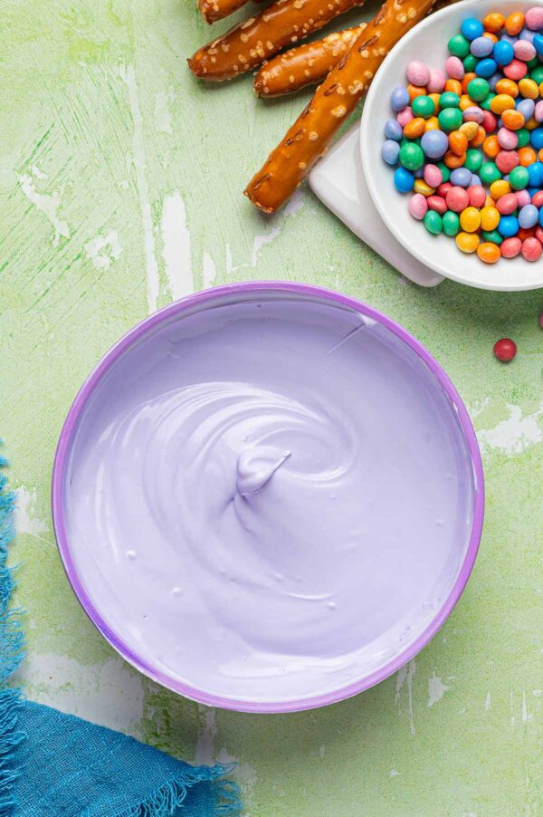 white candy melts mixed with purple oil based food coloring.