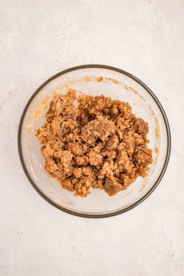 thick clumps of the crumb coating for a coffee cake.
